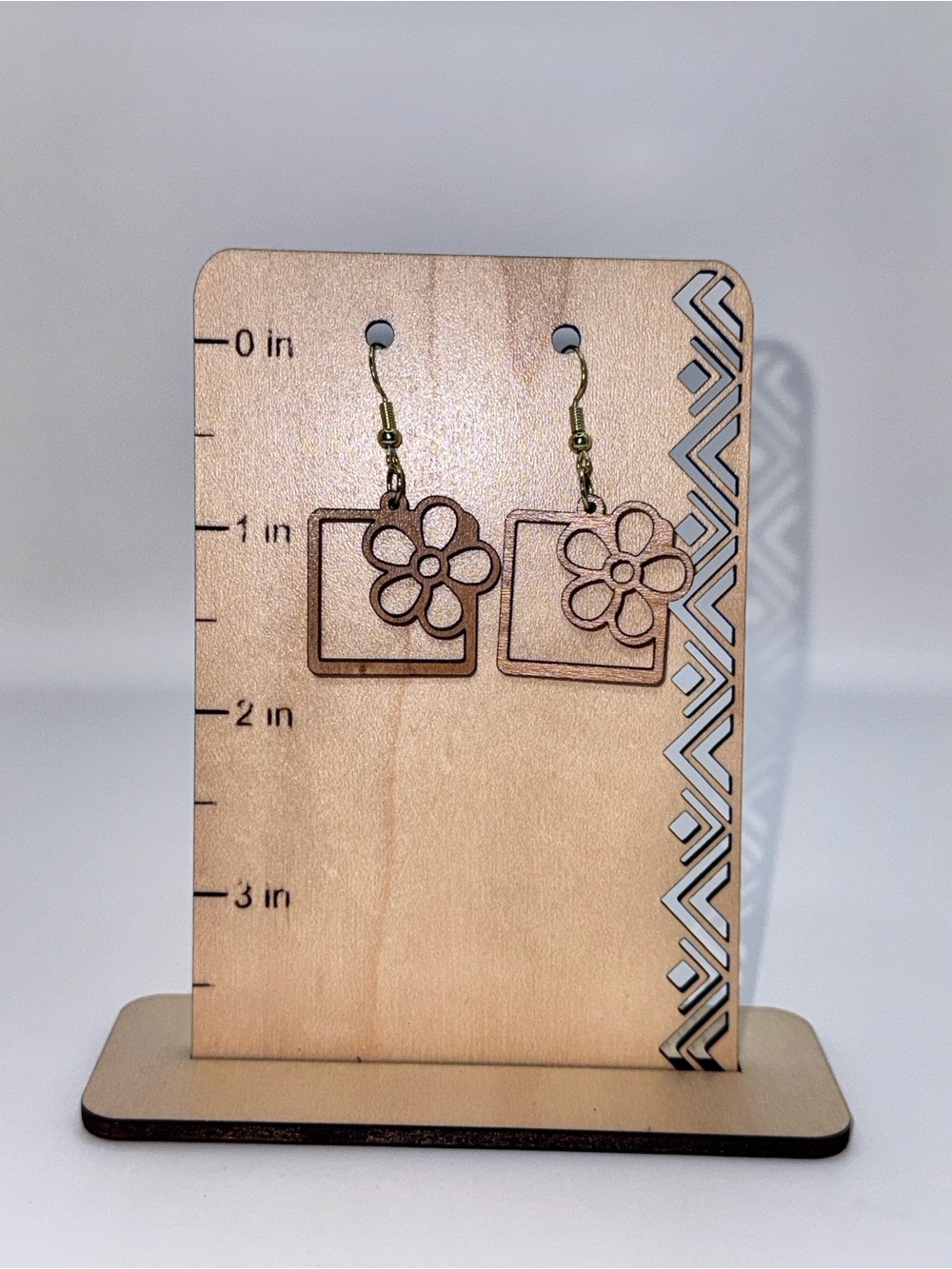 Laser cut Wooden Floral Square Dangle Earrings - Brown